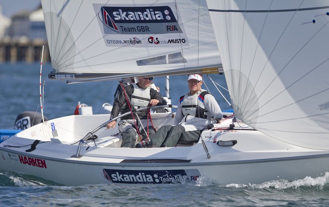 John Robertson, Hannah Stodel and Steve Thomas from Great Britain racing in the Sonar class in 2011 - Skandia Sail for Gold Regatta 2012 © onEdition http://www.onEdition.com